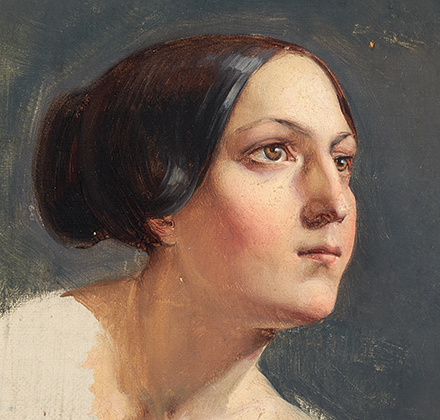 Carl Gottfried Pfannschmidt: Kopfstudie einer jungen Frau im Halbprofil, Öl auf Leinwand, um 1840